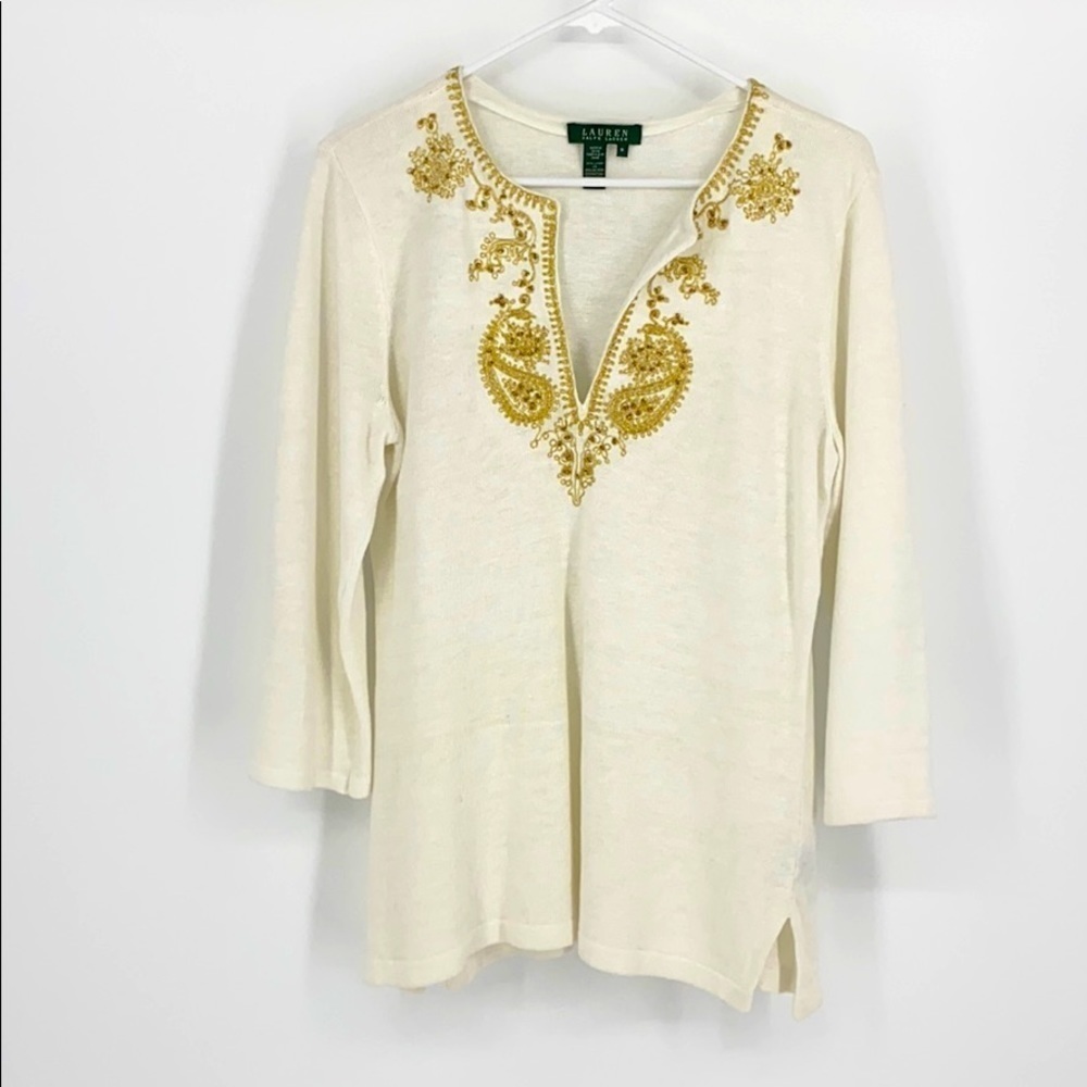 Lauren Ralph Lauren Gold embroidered 100% linen Sweater SZ M off-white & gold